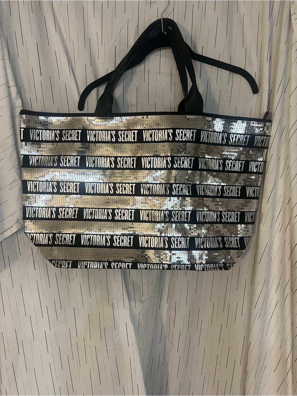 Victoria's Secret Black and Silver Sequin Logo Tote